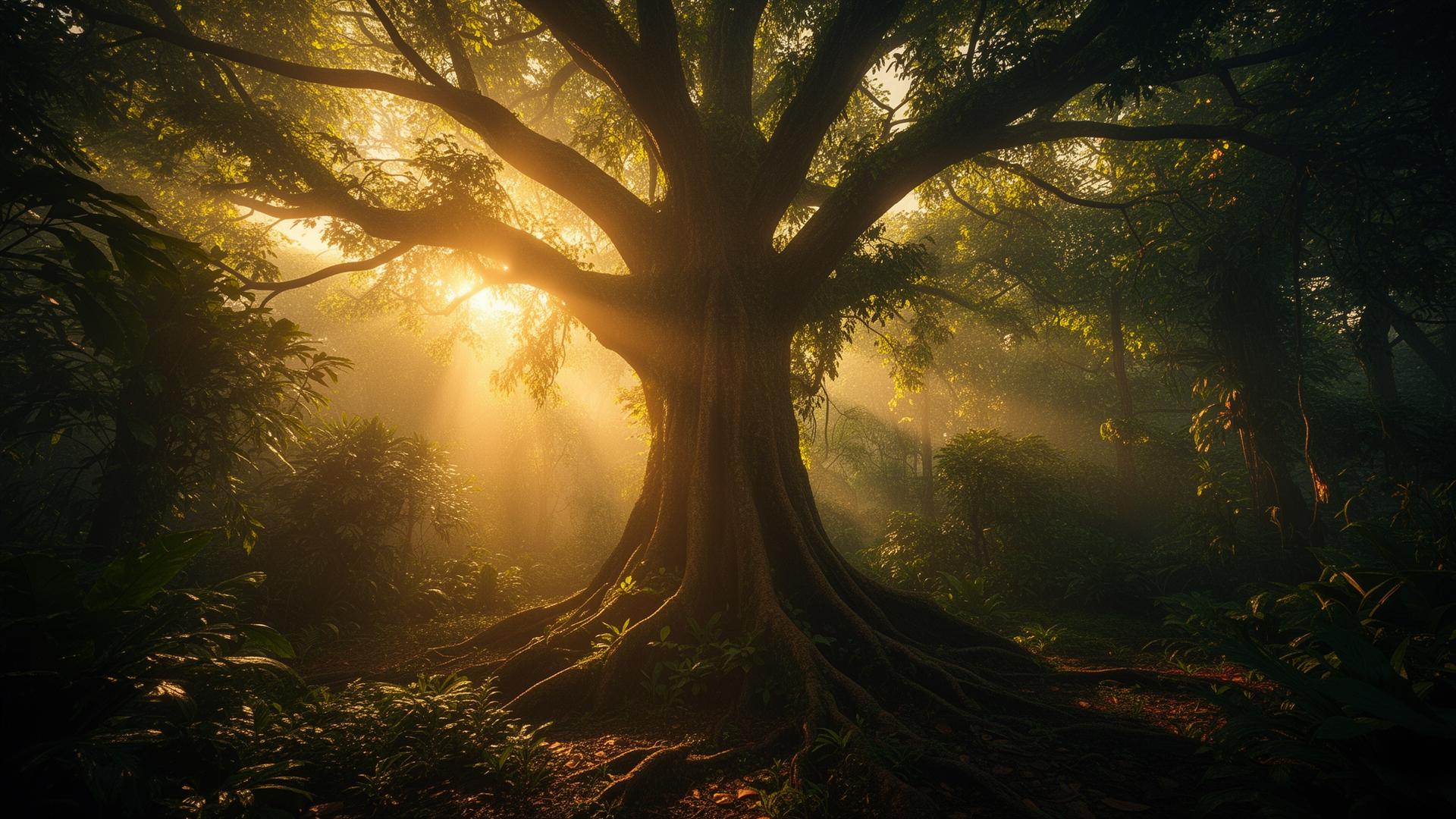 Amanhecer em floresta viva com árvore ancestral